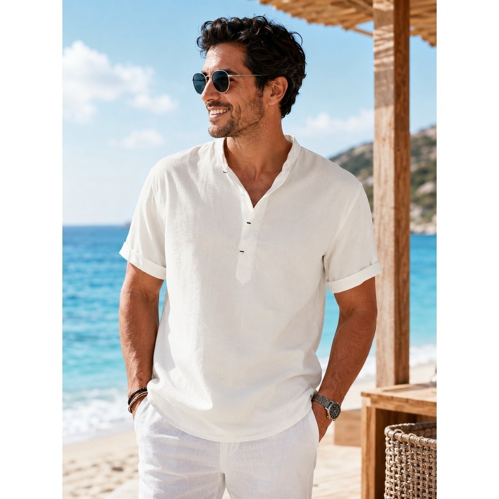 Coofandy Henley Shirt White Band Collar Short Sleeve Mens Large NWT